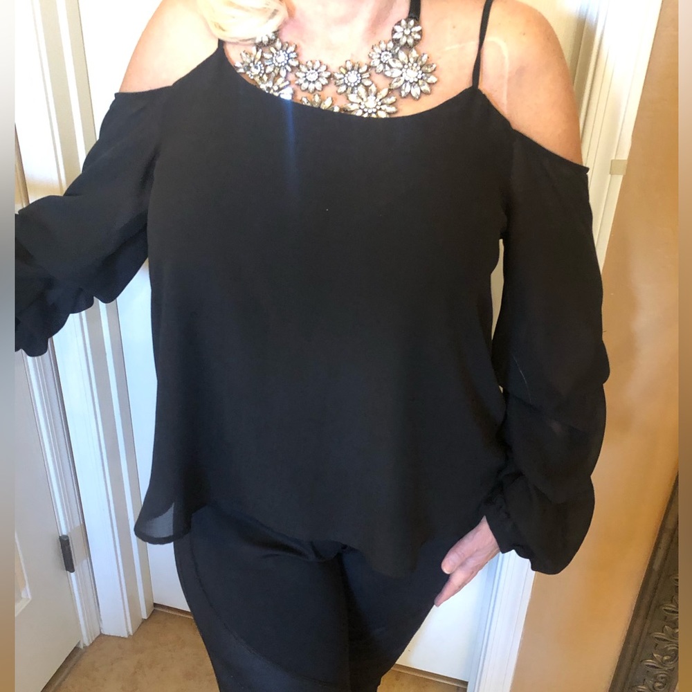 It’s DATE NIGHT!  🌟🌟REDUCED🌟🌟  Kiss Me Brand - Black Crepe Cold Shoulder Blouse